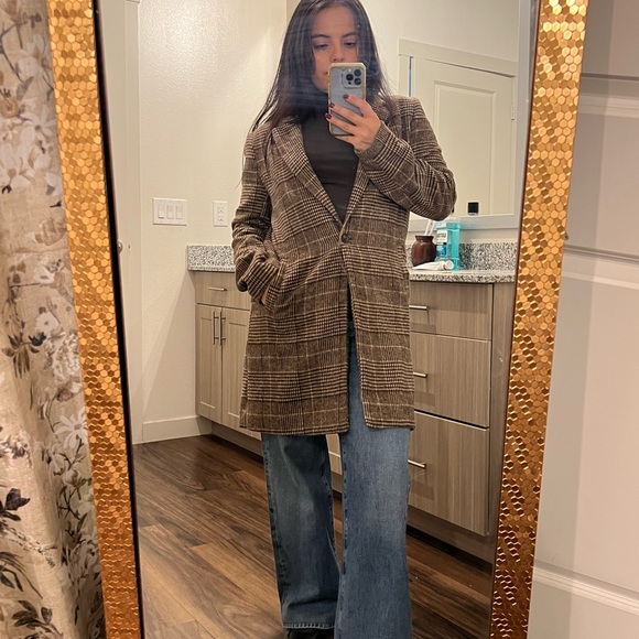 Vintage Brown Flannel Plaid Top Coat - Picture 1 of 11